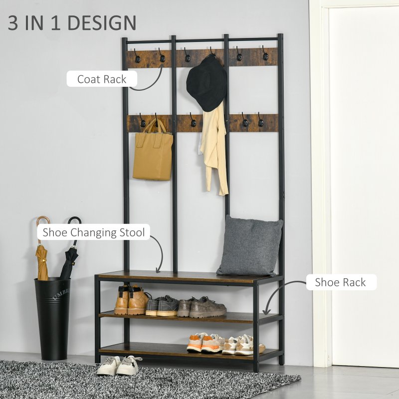 HOMCOM Coat Rack Stand, Free Standing Hall Tree, Coat Stand with Hooks, Bench and Shoe Rack, 100cm x 40cm x 184cm, Industrial Style, Rustic Brown and Black
