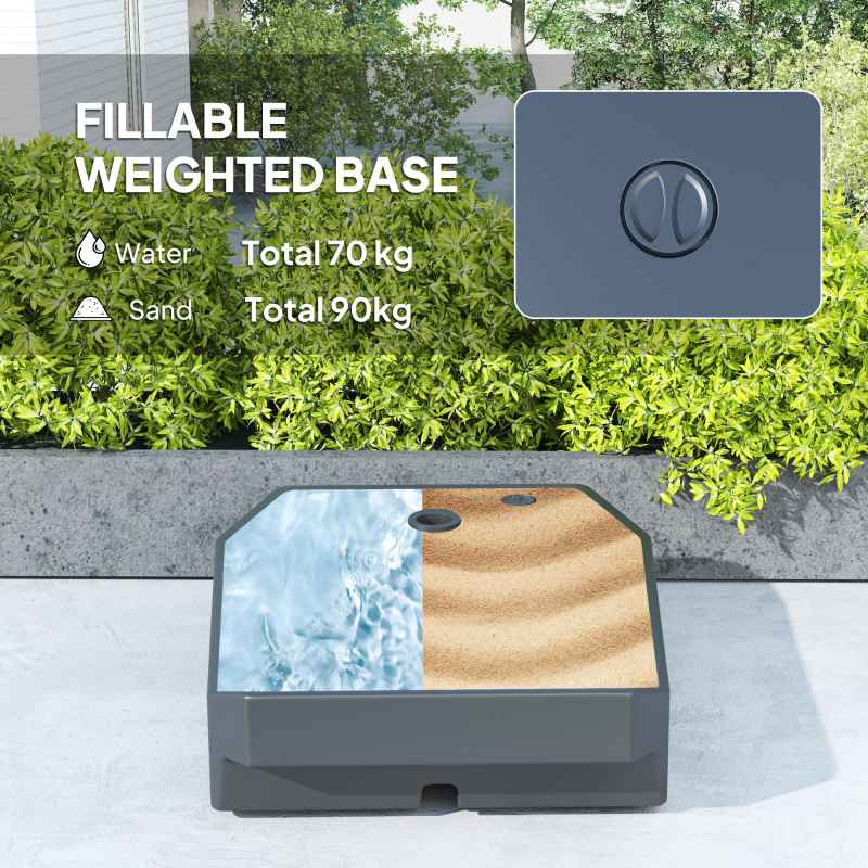 Outsunny 3(m) Garden Cantilever Parasol with Fillable Base up to 90kg, Wind Protection Strap, Cover, Round Banana Hanging Umbrella with Crank Handle and Tilt, UPF50+ Patio Umbrella, Brown