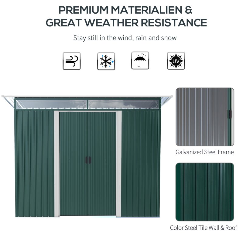 Outsunny 8.5 x 4ft Metal Shed with Lightsky Panels, Garden Storage Tool House with Double Doors for Garden, Patio and Lawn, Green