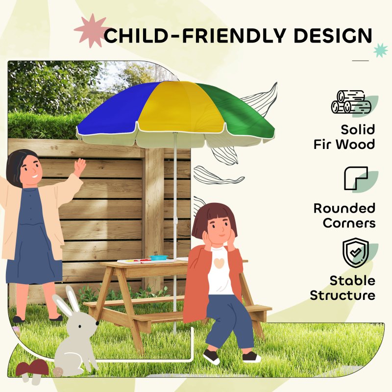 AIYAPLAY Kids Picnic Table, Sand and Water Table with Wooden Benches, Adjustable Parasol and Storage Bins, Outdoor Garden Furniture for Children 3-6 Years, Multicolour