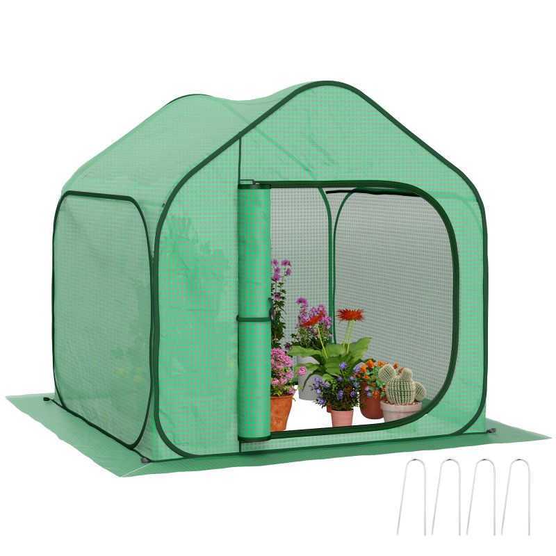Outsunny Mini Pop Up Greenhouse with Reinforced PE Cover, Foldable Small Greenhouse with Zipper Door for Indoor Outdoor, 150 x 148 x 148 cm, Green