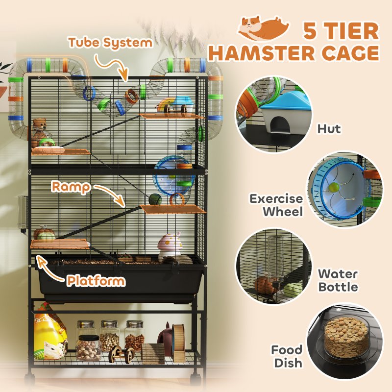 PawHut Hamster Cage, 5 Tier Large Gerbil Cage on Wheels with 17 cm Deep Tray, Storage Shelf, Big Exercise Wheel, Tube System, Hut, Platforms, Ramps, Food Dish, Water Bottle, for Syrian Hamsters, Rats