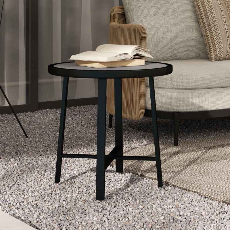 Outsunny Round Small Garden Table, 50.5cm Outdoor Side Table with SPC Tabletop, Metal Frame and Anti-slip Foot Pads for Garden, Balcony, Grey Wood Effect