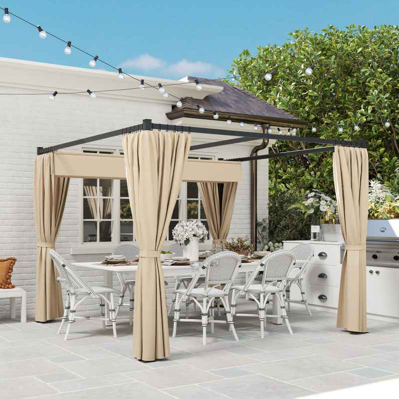 Outsunny 3 x 3(m) Pergola with Retractable Roof Canopy and Curtains, Metal Frame Garden Gazebo Outdoor Sun Shade Shelter for Grill, Patio, Deck, Beige