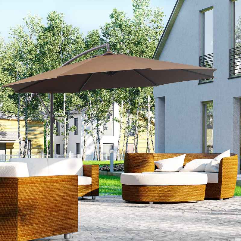 Outsunny 3(m) Garden Banana Parasol Hanging Cantilever Umbrella with Crank Handle, 8 Ribs and Cross Base for Outdoor, Sun Shade, Brown