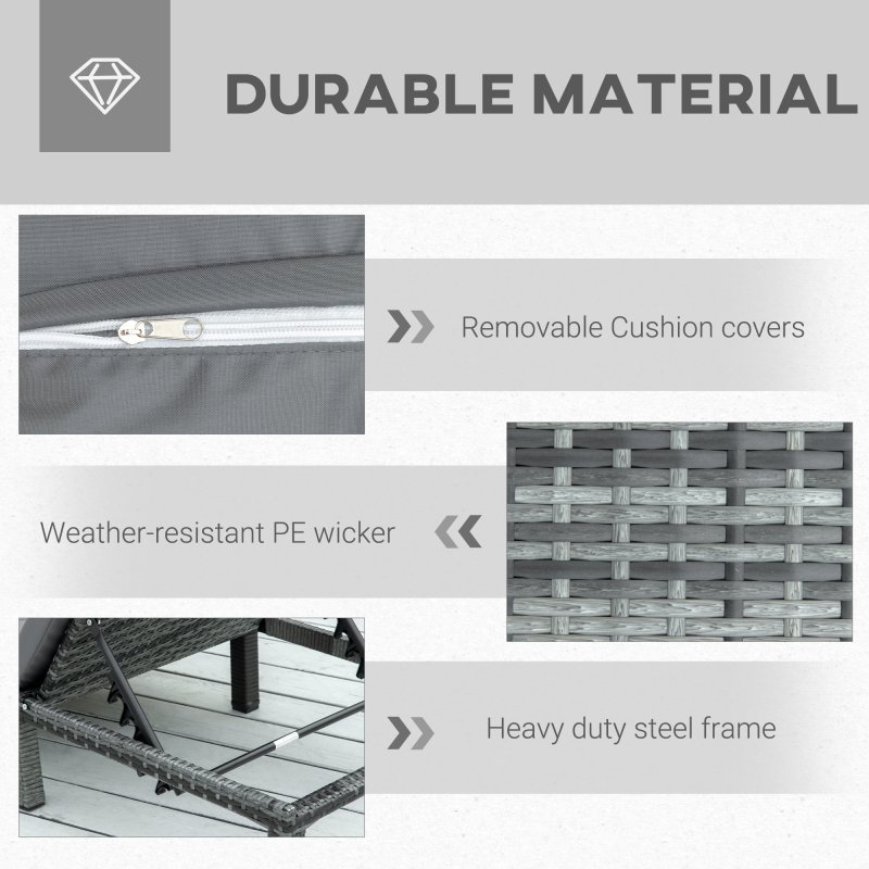 Outsunny Rattan Sun Lounger, 5-Level Adjustable Garden Lounger Recliner with Cushion and Headrest, Outdoor Reclining Sunbed, Steel Frame Garden Chair for Patio, Beach, Terrace, Dark Grey