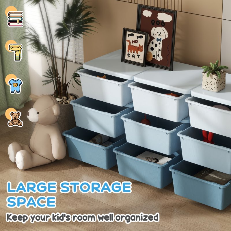 HOMCOM Kids Storage Units with 9 Drawers 3 Tier Chest Vertical Dresser Tower Toy Organiser for Nursery Playroom Kindergarten Blue