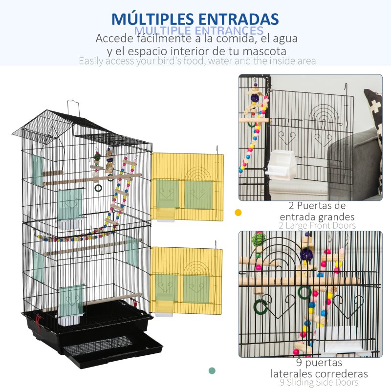 PawHut Bird Cage for Budgies, Finches, Canaries w/ Accessories, Toys, Tray, Handle, 46 x 36 x 100cm - Black