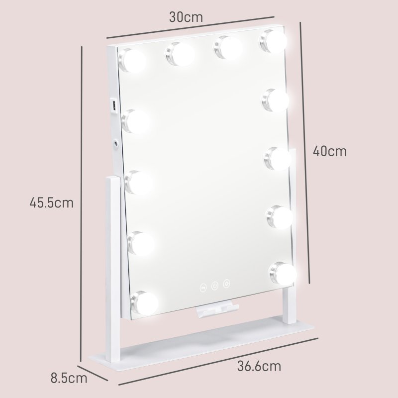 HOMCOM Hollywood Vanity Mirror with Lights, 37x46 cm Lighted Makeup Mirror with 3 Colour, 12 LED Bulbs, 10X Magnifying, USB Charging Port, Phone Holder, 360 Rotation, Touch Screen