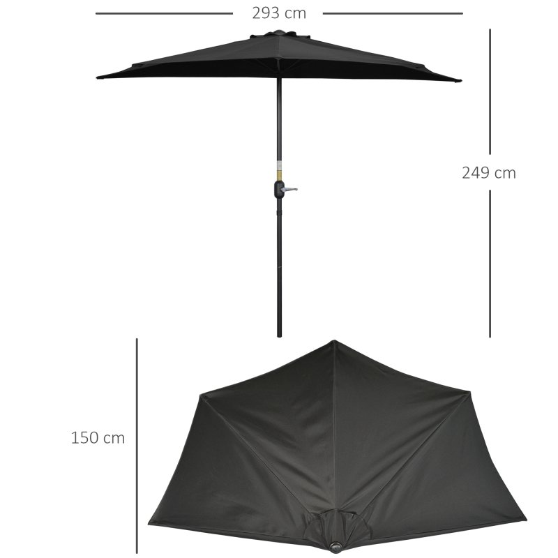 Outsunny 3(m) Half Parasol, Semi Round Umbrella with Metal Frame, Crank Handle for Balcony, Garden, Black