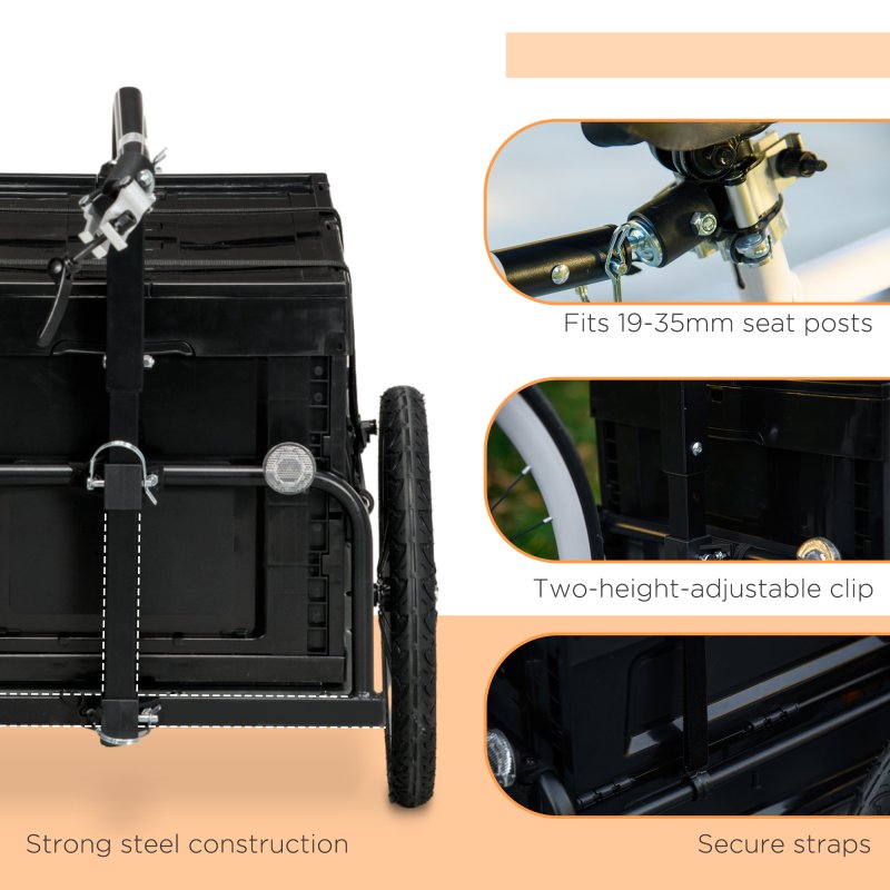 HOMCOM Bike Trailer, Bicycle Cargo Trailer Wagon Cart with 65L Foldable Storage Box, Pneumatic Tyres and Safe Reflectors, Max Load 40KG, Black