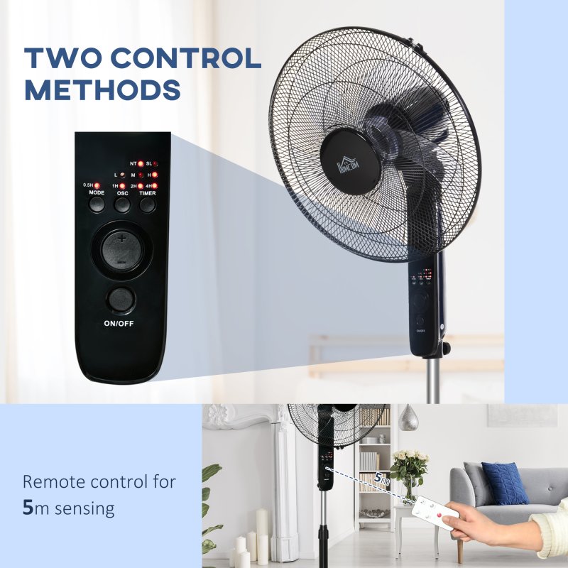 HOMCOM 18" Pedestal Fan with Sleep Mode, Oscillating Standing Fan with 3 Modes, Remote Control, Floor Fan with Adjustable Height, 3 Speed, 7.5-Hour Timer, Black