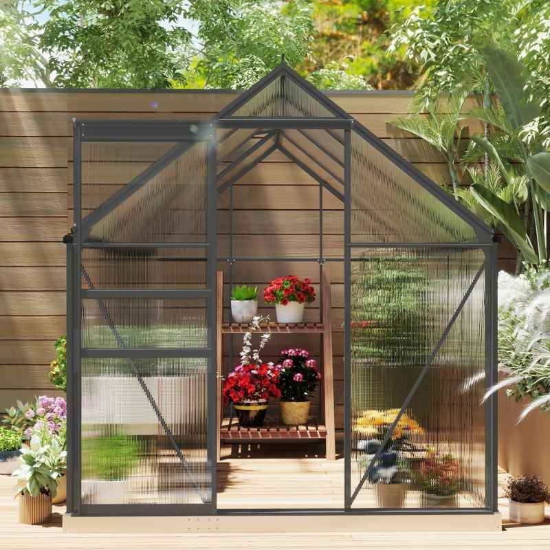 Outsunny 6 x 8ft Polycarbonate Greenhouse, Large Walk-In Greenhouse with Adjustable Roof Vent, Garden Green House with Galvanised Base, Sliding Door and Rain Gutter, Dark Grey