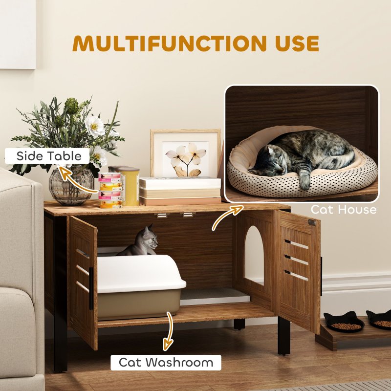 PawHut Cat Litter Box Enclosure, Hidden Litter Box Furniture Washroom with Tall Legs, Scratching Board, Double Doors, Ventilation Holes, Indoor Cat House Side End Table, 80 x 45 x 50 cm, Dark Brown