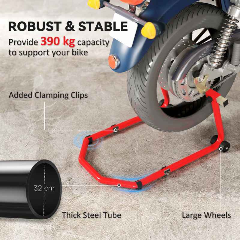 HOMCOM Motorcycle Stand Lift, 390 kg Capacity Convertible Front/Rear Motorbike Motorcycle Paddock Lift Stand with Adjustable U+L Fork Pin Adaptors, Wheels, Clamping Clips, Red