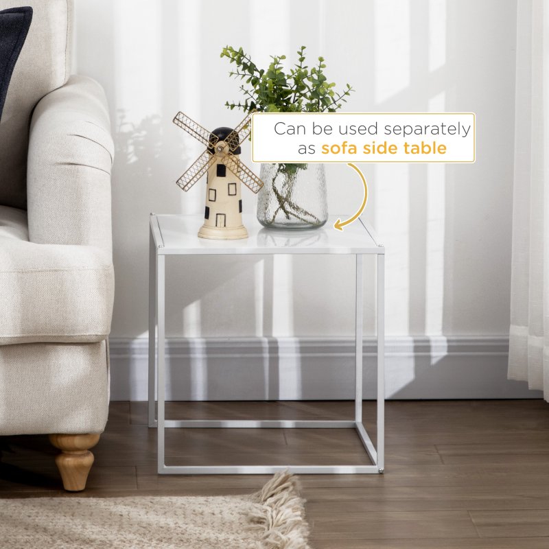 HOMCOM Square Nesting Coffee Table Set of 2, Modern Nest of Tables, Sofa Side Tables with Steel Frame for Living Room, Bedroom, Small Space, White