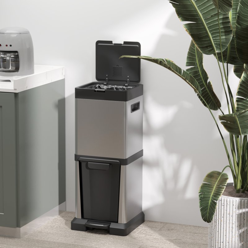 HOMCOM Dual Kitchen Bin, 20+14L Double Bin for Recycling and Waste, Stainless Steel Vertical Pedal Bin with Tilt Out Bin, Soft-Close Lid, Removable Inner Buckets and Handles, Silver