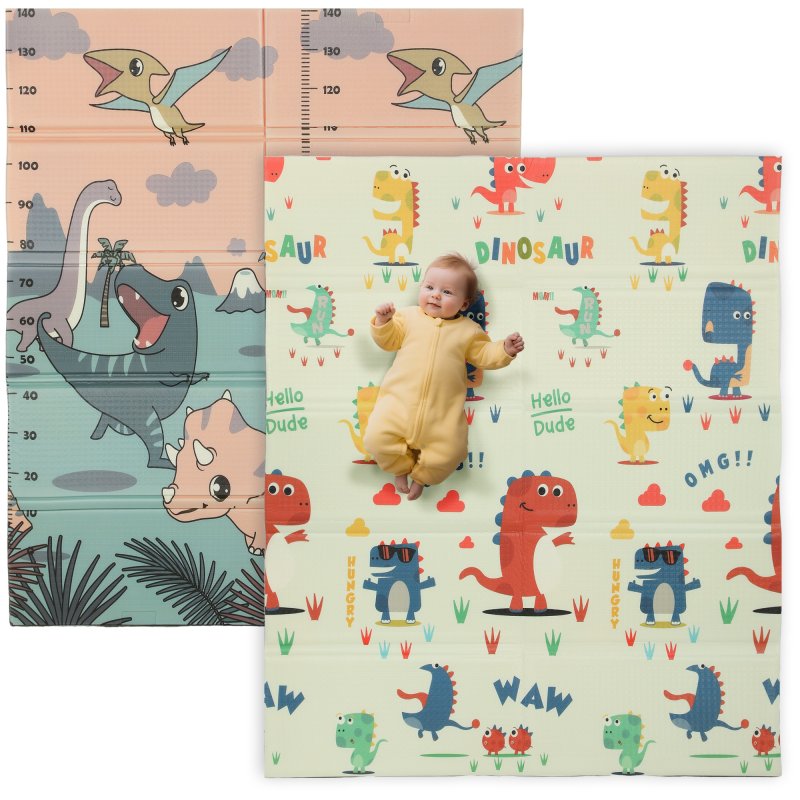 AIYAPLAY Baby Play Mat Double Sided, Foldable & Reversible Activity Playmat, Waterproof Kids Foam Crawling Mat for Outdoor Indoor Playtime Picnics, 177 x 146 x 1.5cm, Dinosaur Theme
