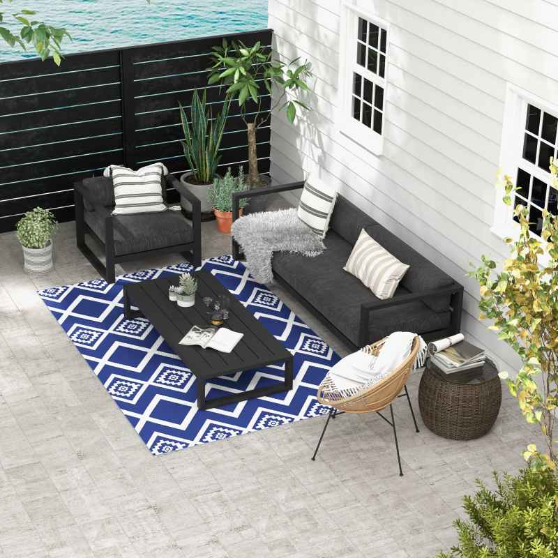Outsunny Reversible Outdoor Rug with Carry Bag, Waterproof Plastic Straw Mat for Garden, Deck, RV, Picnic, Beach, Camping, 182 x 274cm, Blue and White