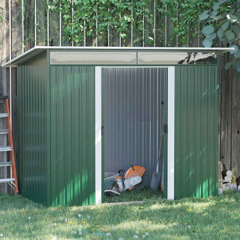 Outsunny 8.5 x 4ft Metal Shed with Lightsky Panels, Garden Storage Tool House with Double Doors for Garden, Patio and Lawn, Green