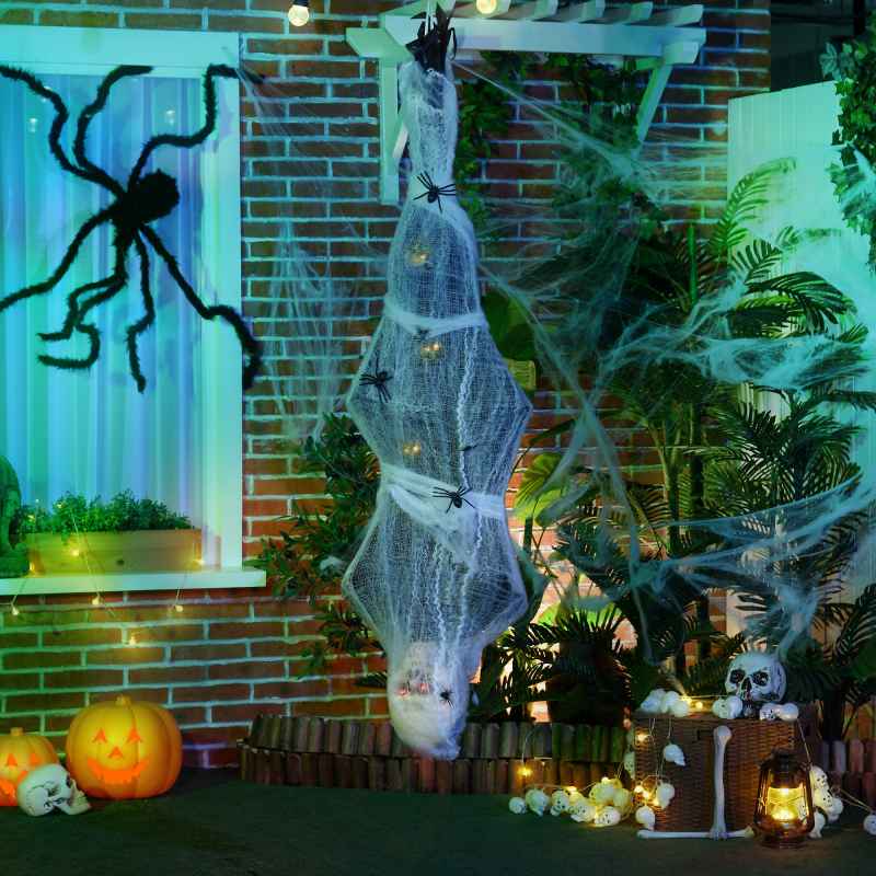 HOMCOM 4.7ft Life Size Outdoor Halloween Decoration Hanging Mummy with Spider Web, Animated Prop Decor with Sound and Motion Activated, Light Up Eyes, Howling Sound, Posable Arms, Moving Body