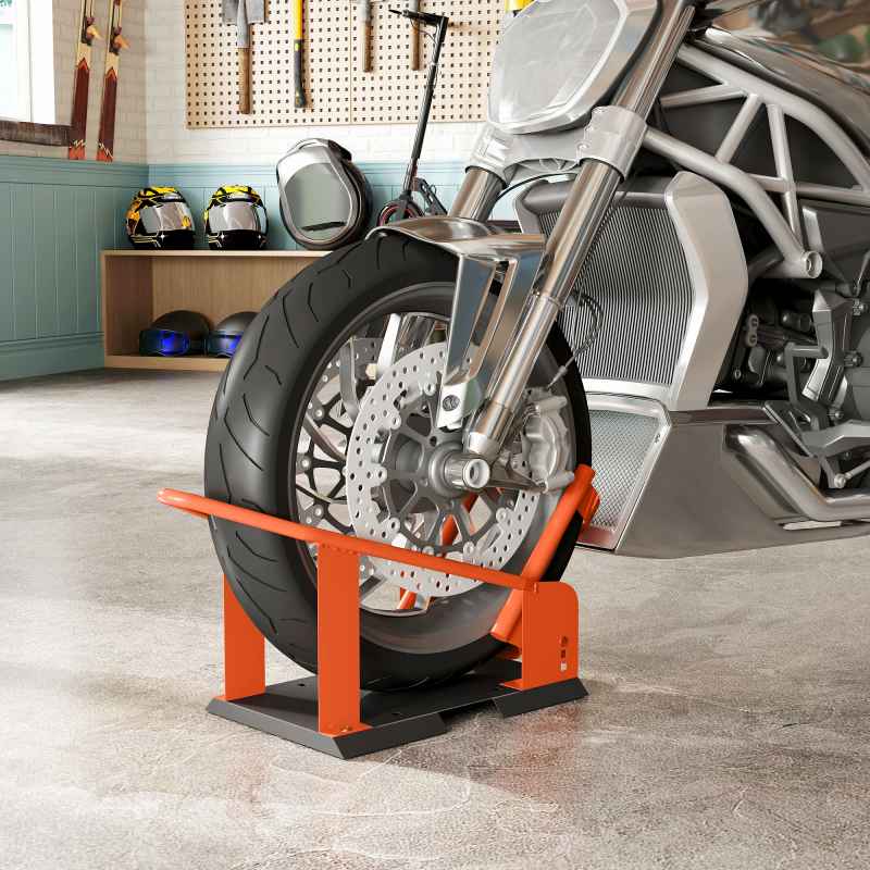 HOMCOM Motorcycle Wheel Chock, 816.5 kg Capacity Heavy Duty Steel Motorcycle Front Wheel Chock Holder with 3 Height Adjustable Holes, Fits 381-533.4 mm Wheels, Orange