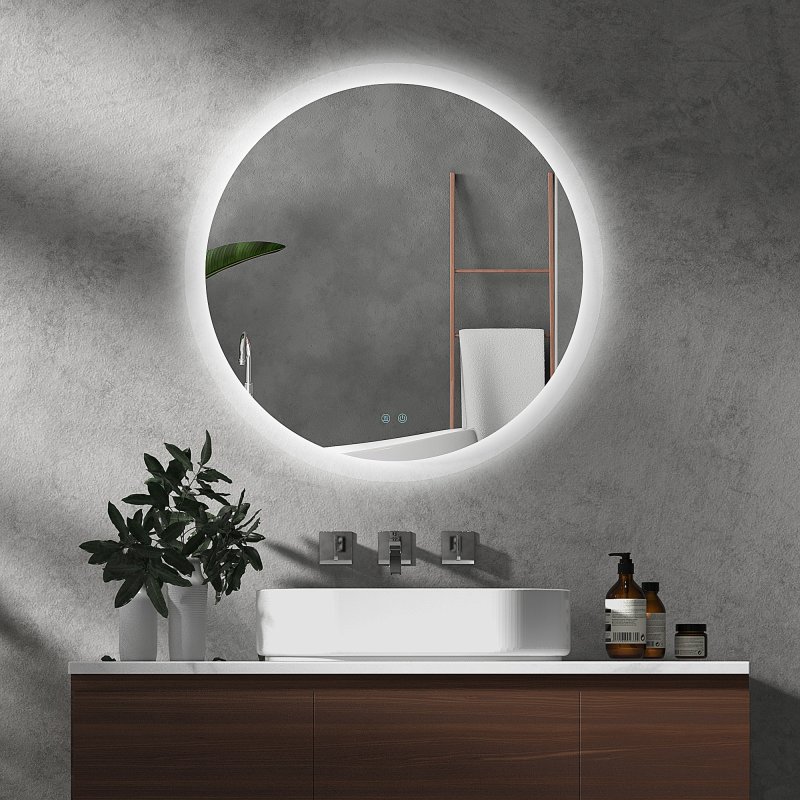 kleankin Round Bathroom Mirror with LED Lights, Wall-Mounted Dimmable Makeup Mirror with 3 Temperature Colours, Defogging Film, Memory Function, Hardwired, 60 x 60cm