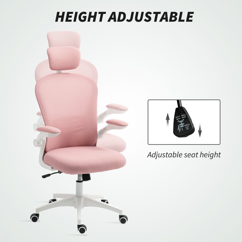 Vinsetto High Back Office Chair, Mesh Computer Desk Chair with Rotatable Headrest, 4D Lumbar Support, Flip-up Arm, Adjustable Height, Pink