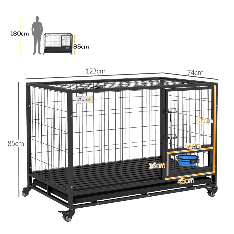 PawHut 48" Heavy Duty Dog Crate with Bowl Holder, Dog Cage on Wheels with Removable Tray, Openable Top, Detachable Door, Indoor Outdoor Use, for Large and Extra Large Dogs - Black