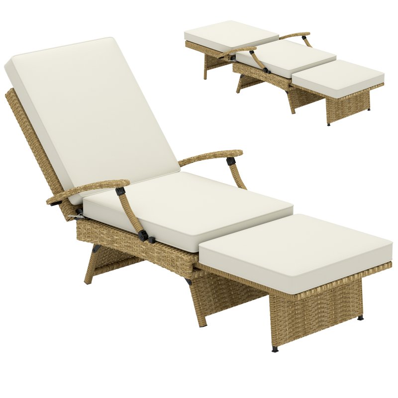 Outsunny Outdoor PE Rattan Recliner Chair with Cushion, Foldable Design Garden Recliner Chair with Retractable Footrest and Adjustable Back with 80 degree Recline, Beige