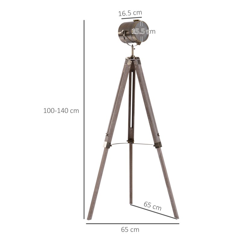 HOMCOM Industrial Tripod Floor Lamp, Nautical Searchlight with Adjustable Height, Wood Legs, E14 Lamp Base for Living Room, Bedroom, Grey and Bronze