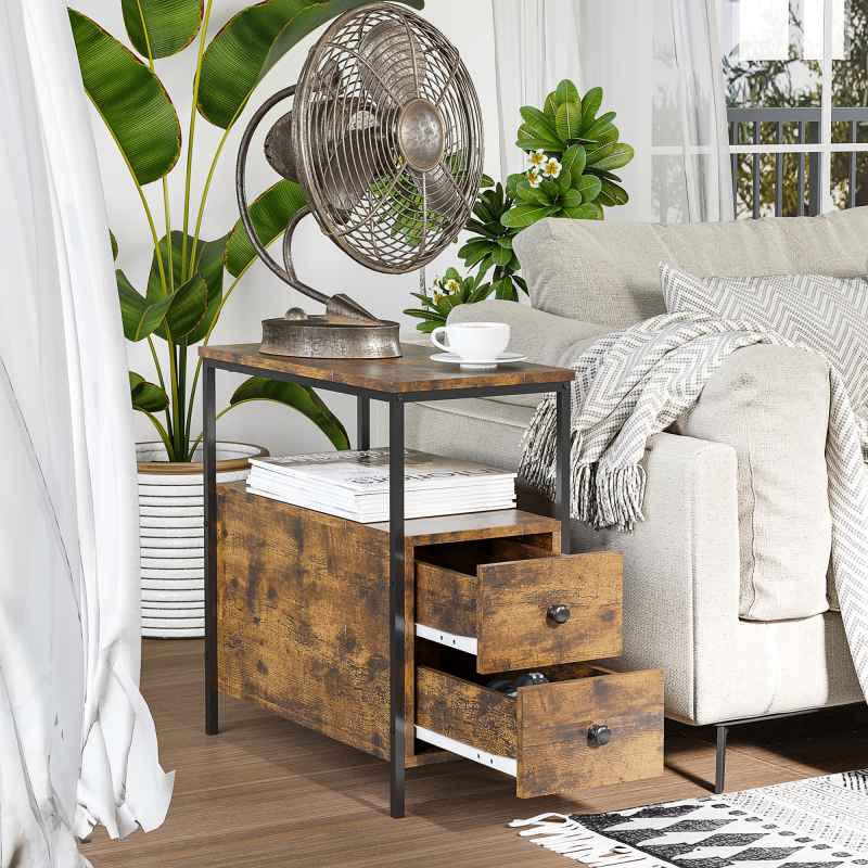 HOMCOM Side Table, Narrow Bedside Table with 2 Drawers and Storage Shelf, Industrial End Table with Metal Frame for Small Spaces