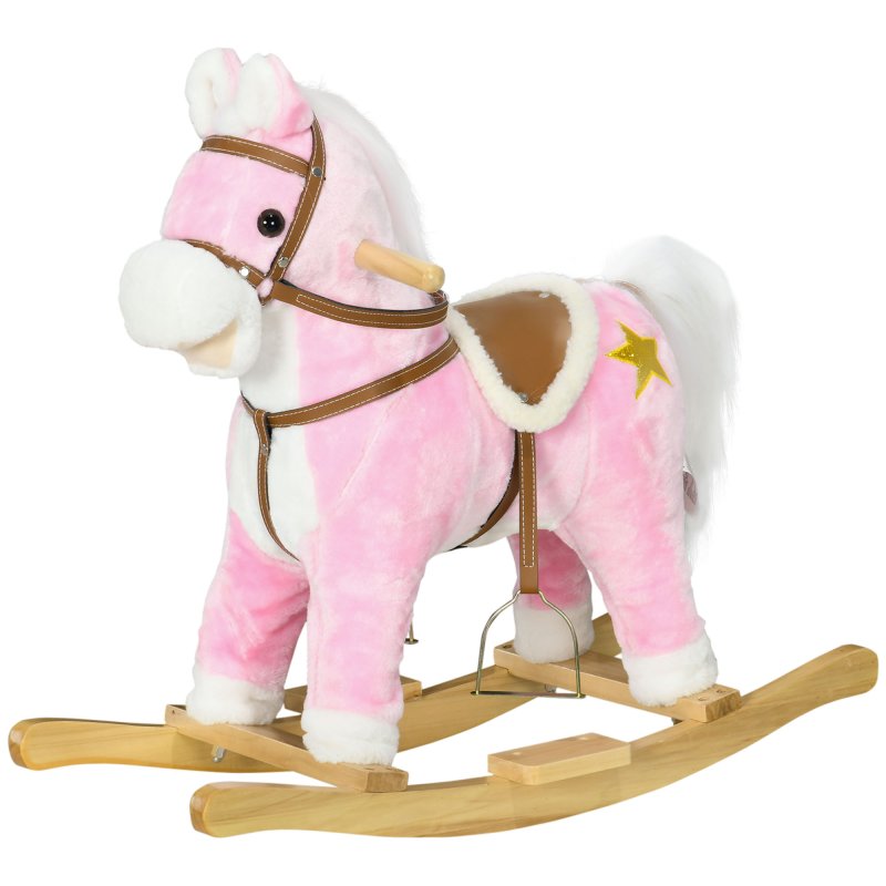 HOMCOM Kids Rocking Horse, Plush Ride On Horse with Music, Sound, Saddle, Wooden Base, Ride On Toy for Ages 3-6 Years - Pink