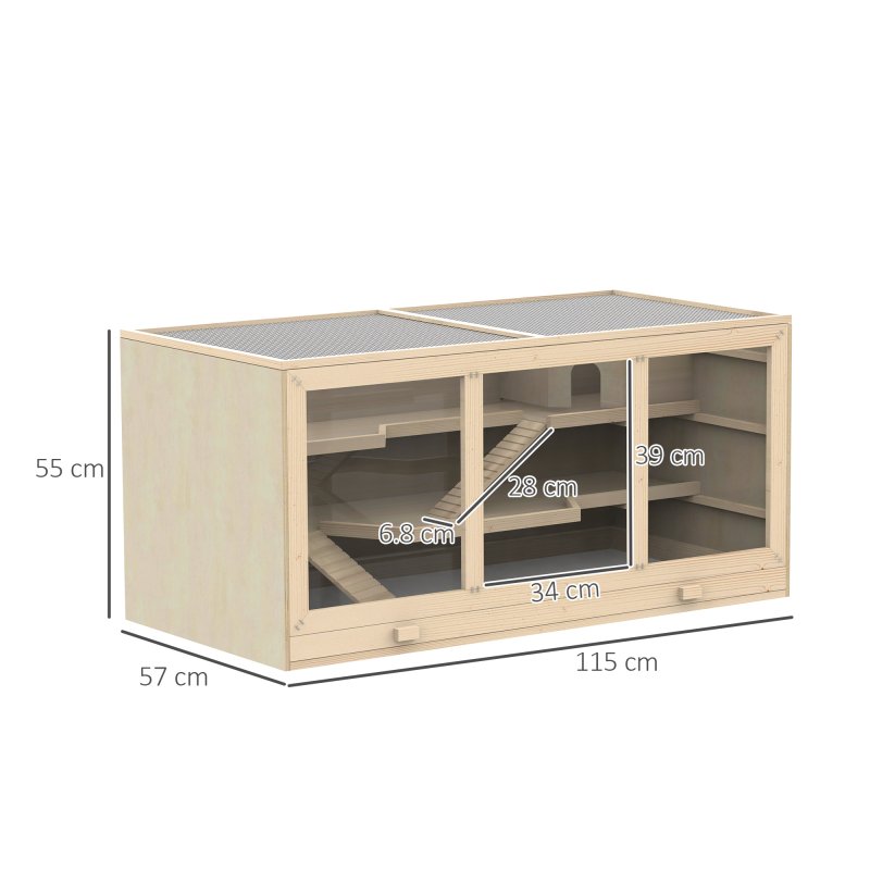 PawHut Wooden Hamster Cage, Small Animals Hutch with Tray, Openable Top, Exercise Play House Pen, 115L x 57W x 55Hcm, Natural