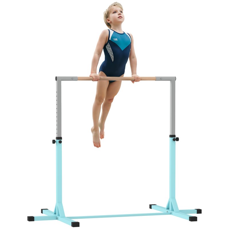 HOMCOM Height Adjustable Gymnastics Horizontal Bar For Kids Home Gym Training Children Junior Kip High Bar Fitness, Light Blue