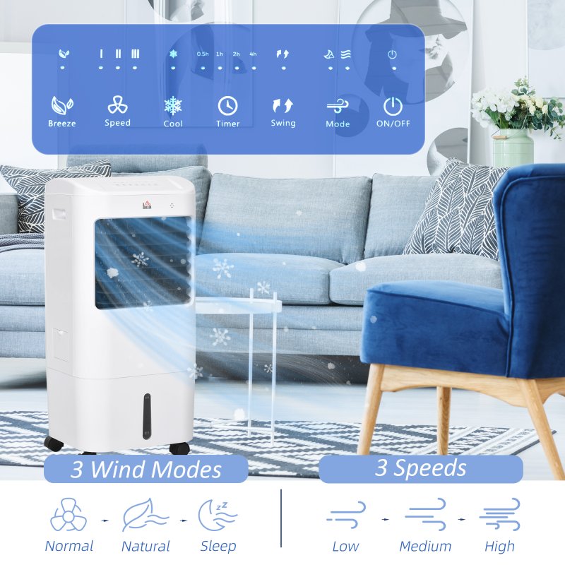 HOMCOM Portable Air Cooler with 15 Litre Water Tank, Oscillation, LED Display, Remote Control, 7.5 Hour Timer, Evaporative Air Cooler Fan with 3 Speeds, 3 Modes, Ice Packs, for Home Office