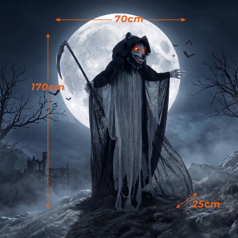 HOMCOM Halloween Animatronic Standing Werewolf Animated Decoration, Life-Size Halloween Animatronic with Light-Up Eyes, Sound and Touch Activated, Moving Head Prop for Haunted House Party