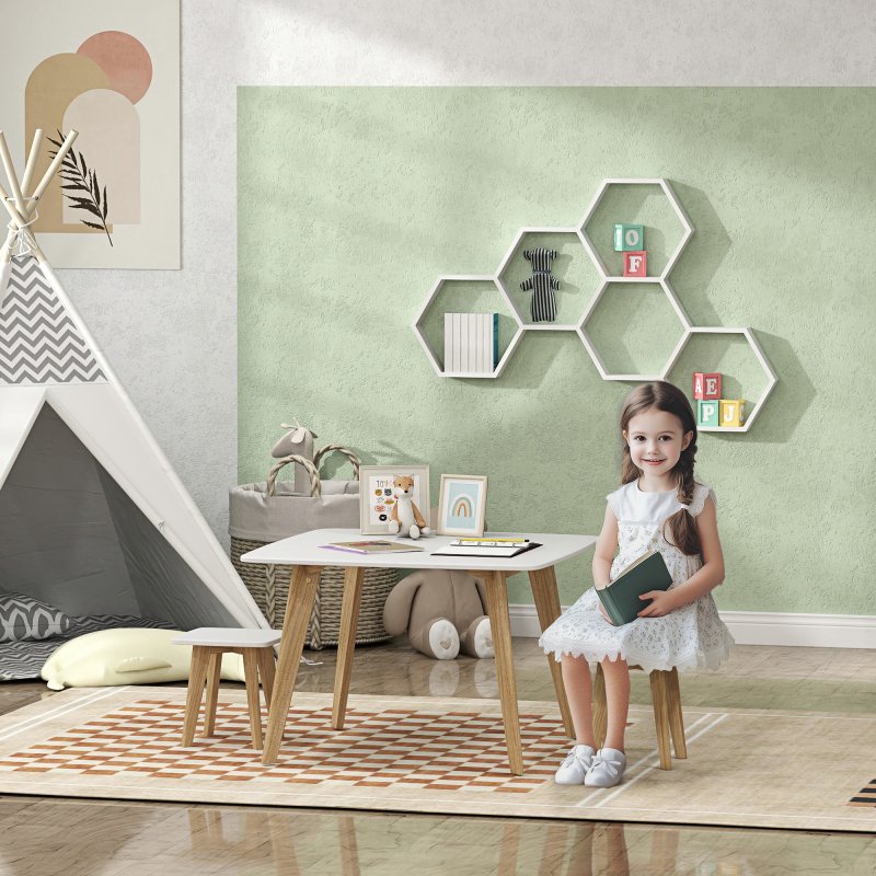 AIYAPLAY Kids Table and Chair Set, 3-Piece Toddler Furniture Set, Activity Play Table Chair Set for Playroom, Bedroom, Nursery, Classroom, for Ages 3-8 Years, White