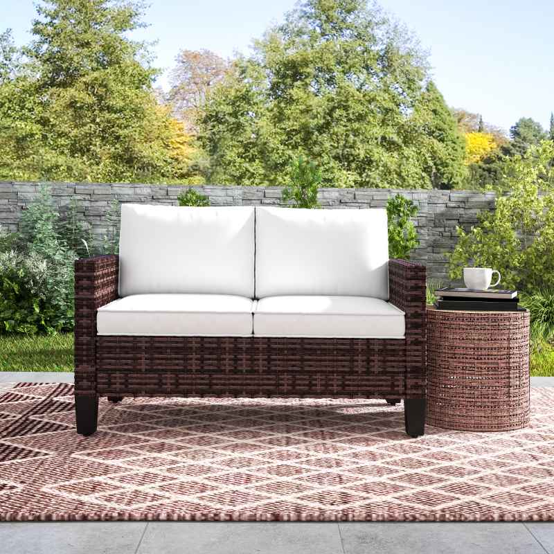 Outsunny 2 Seater Rattan Sofa with Cushions, Wicker Garden Loveseat with Armrests, Outdoor Garden Sofa Couch with Steel Frame for Balcony, Porch, Brown
