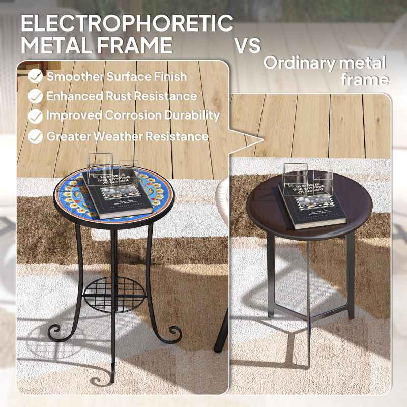 Outsunny Mosaic Garden Table, 35.5 cm Round Outdoor Table with Shelf, Ceramic Tile Top, Small Garden Side Table Bistro Table End Table Plant Stand for Indoor, Patio, Balcony, Blue