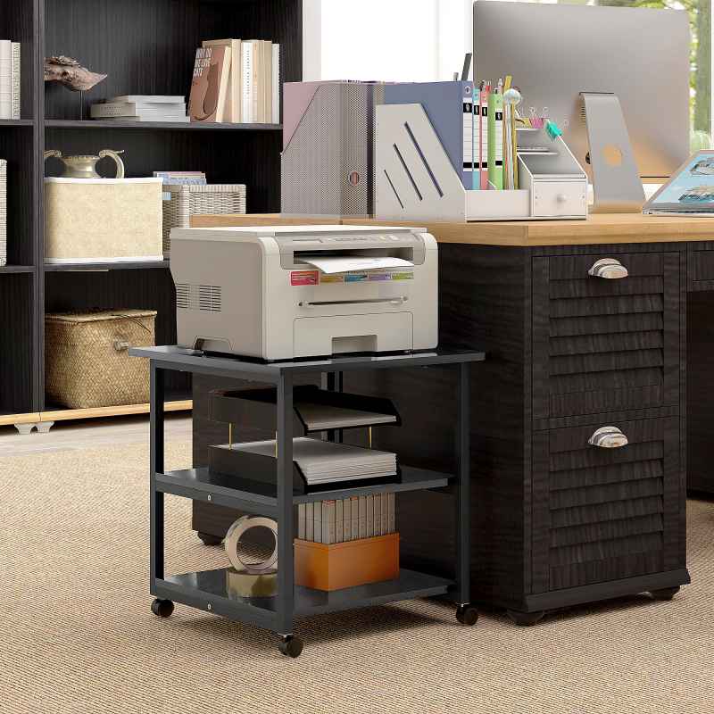 HOMCOM 3-Tier Printer Stand with Storage Shelf, Mobile Printer Table on Wheels, 50 x 50 x 52.5cm Rolling Printer Cart for Home Office, Black