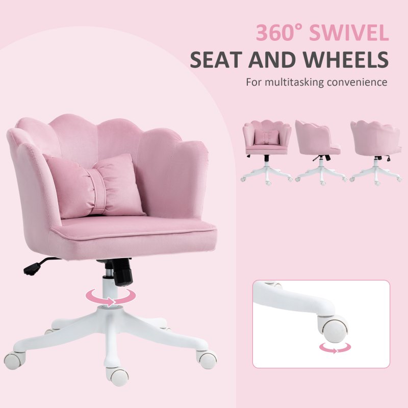 HOMCOM Velvet Office Chair with Petal Shell Back and Lumbar Pillow, Armless Desk Chair with Wide Seat and Tilt Function, Height Adjustable Swivel Makeup Vanity Chair for Bedroom, Pink