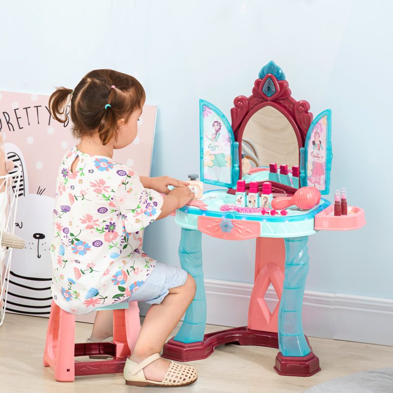 AIYAPLAY 31 Pieces Kids Dressing Table Set with Magical Princess Mirror, Music Lights, Makeup Accessories, Hair Dryer, Chair, Drawer for Ages 3-6 Years