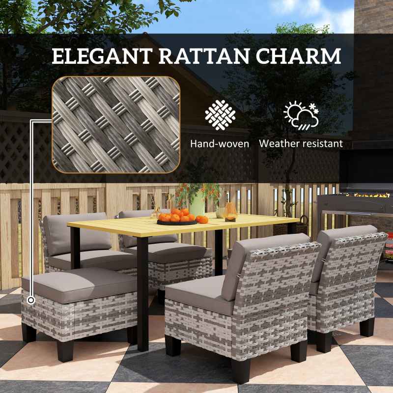 Outsunny 7-Piece Rattan Garden Dining Set, 6 Seater Wicker Garden Furniture Set with Seat and Back Cushions, Umbrella Hole, Patio Table and Chairs with Slatted Metal Top Table for Balcony, Grey