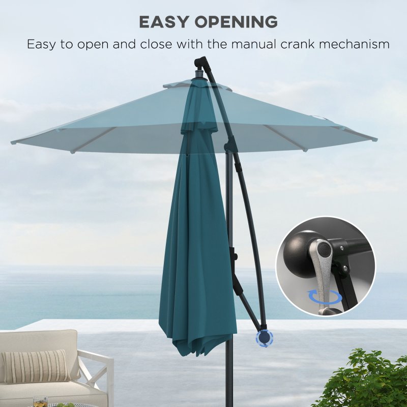 Outsunny 3(m) Cantilever Parasol with Cross Base, Banana Parasol with Crank Handle, Tilt and 8 Ribs, Round Hanging Patio Umbrella for Outdoor Pool, Garden, Balcony, Blue