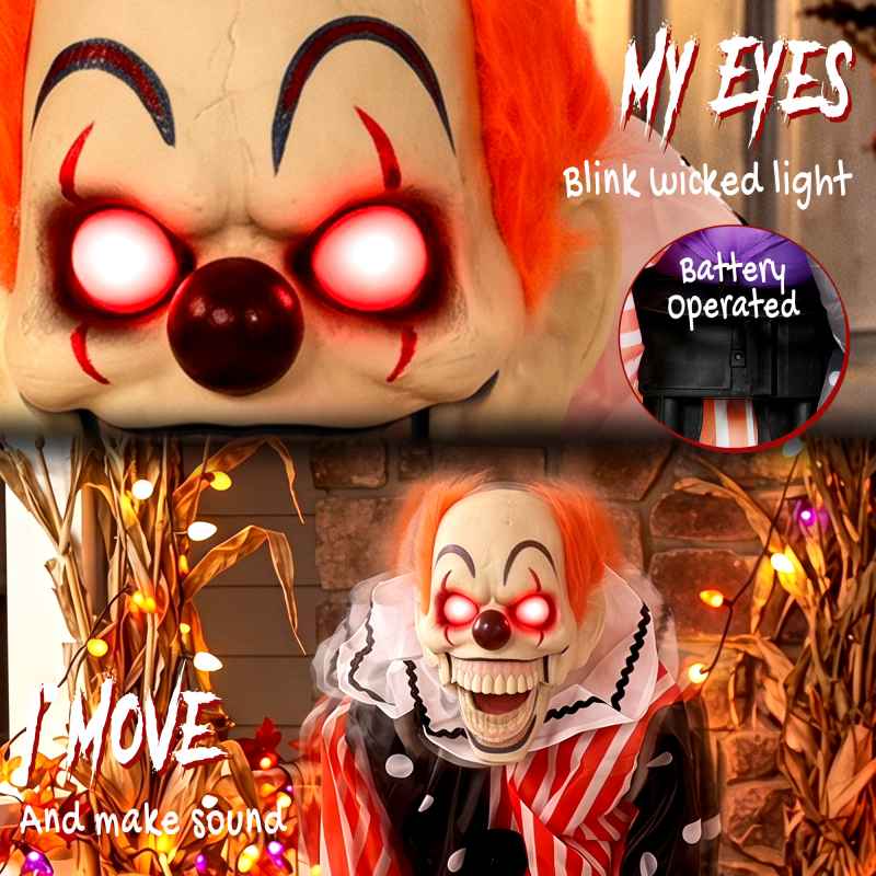 HOMCOM 36"/91 cm Animated Clown Halloween Decoration, Standing Halloween Animatronic with Sound and Touch Activation, Red Light-Up Eyes, Moving Mouth, Candy Tray