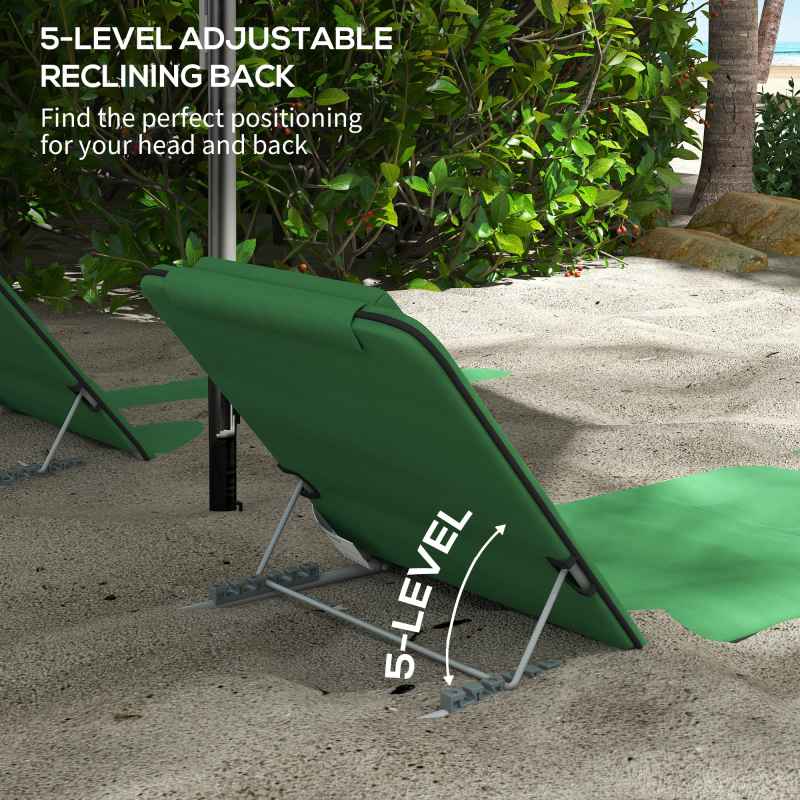 Outsunny Set of 2 Foldable Garden Beach Chair Mat Lightweight Outdoor Sun Lounger Seats Adjustable Back Metal Frame PE Fabric Head Pillow w/ Carry Bag, Green
