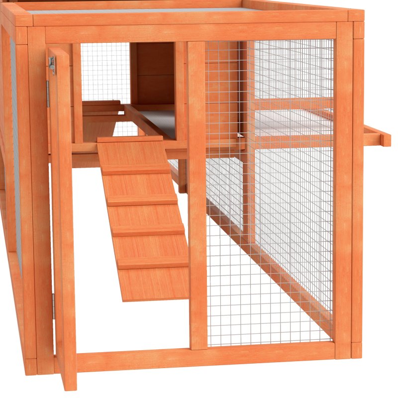 PawHut Rabbit Hutch Run, Guinea Pig Hutch Wooden Bunny House with Tray, Ramps, Asphalt Roof, for Garden, Yard, 309 x 70 x 87cm, Orange