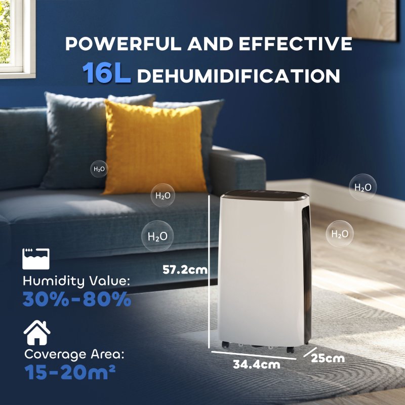 HOMCOM 16L/Day Dehumidifier with 3.7L Water Tank, 24H Timer On/Off, Digital Humidity Display, Dehumidifier for Home Damp, Bedroom, Condensation, Mould, Laundry Drying, White
