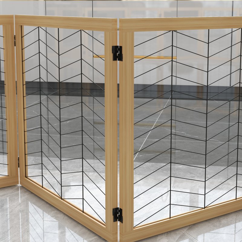 PawHut Freestanding Pet Gate, 8 Panels Dog Playpen, Foldable Dog Barrier with 2 Pcs Support Feet, for House, Doorway, Stairs, Small and Medium Dogs - Natural Wood